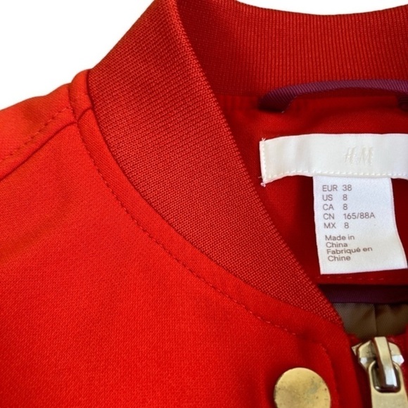 H&M Vivid Coral Red Zip up Bomber Style Minimalist Jacket Preppy Fall Coat Sz 8 - Picture 14 of 16